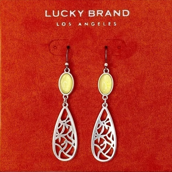 Lucky Brand Earrings Teardrop Dangle Silver Metal Yellow Stone New in Box NWT - Picture 6 of 7
